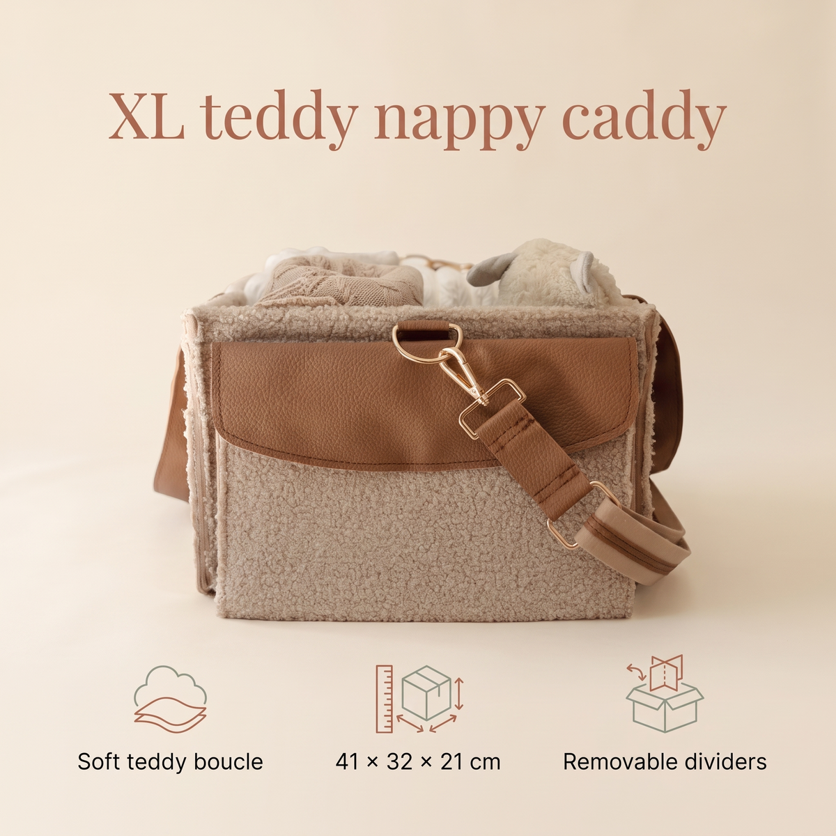 Little Teekie XL Teddy Nappy Caddy | Boucle 41x32x21cm with Removable Dividers – Nude Tan – key features