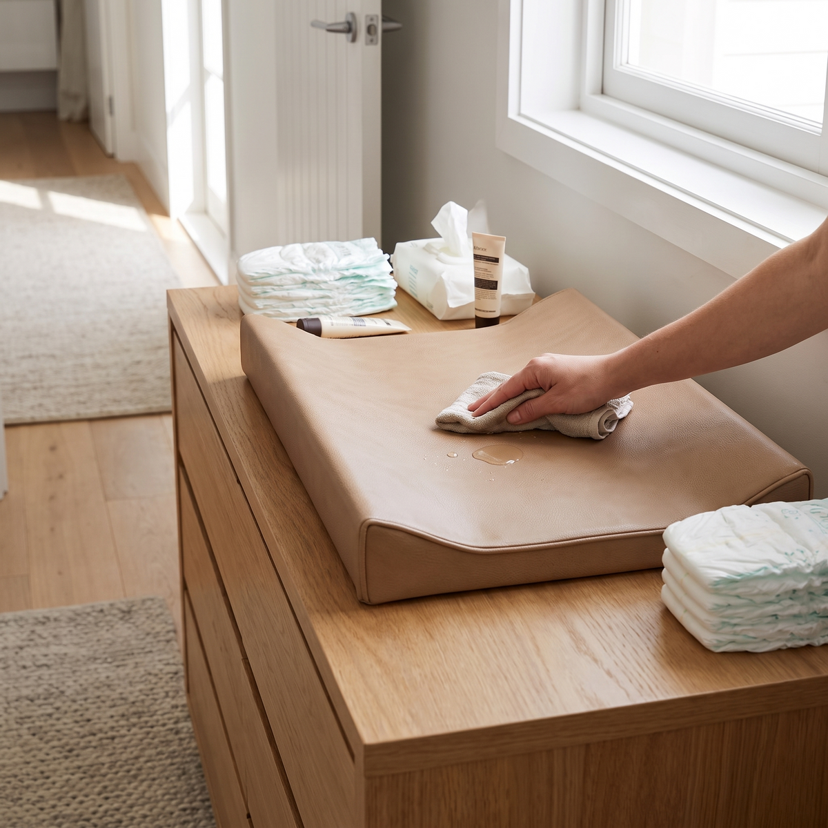 Little Teekie Baby Changing Pad | Waterproof Vegan Leather, Dual Foam 48x70cm – Tan – styled in a nursery