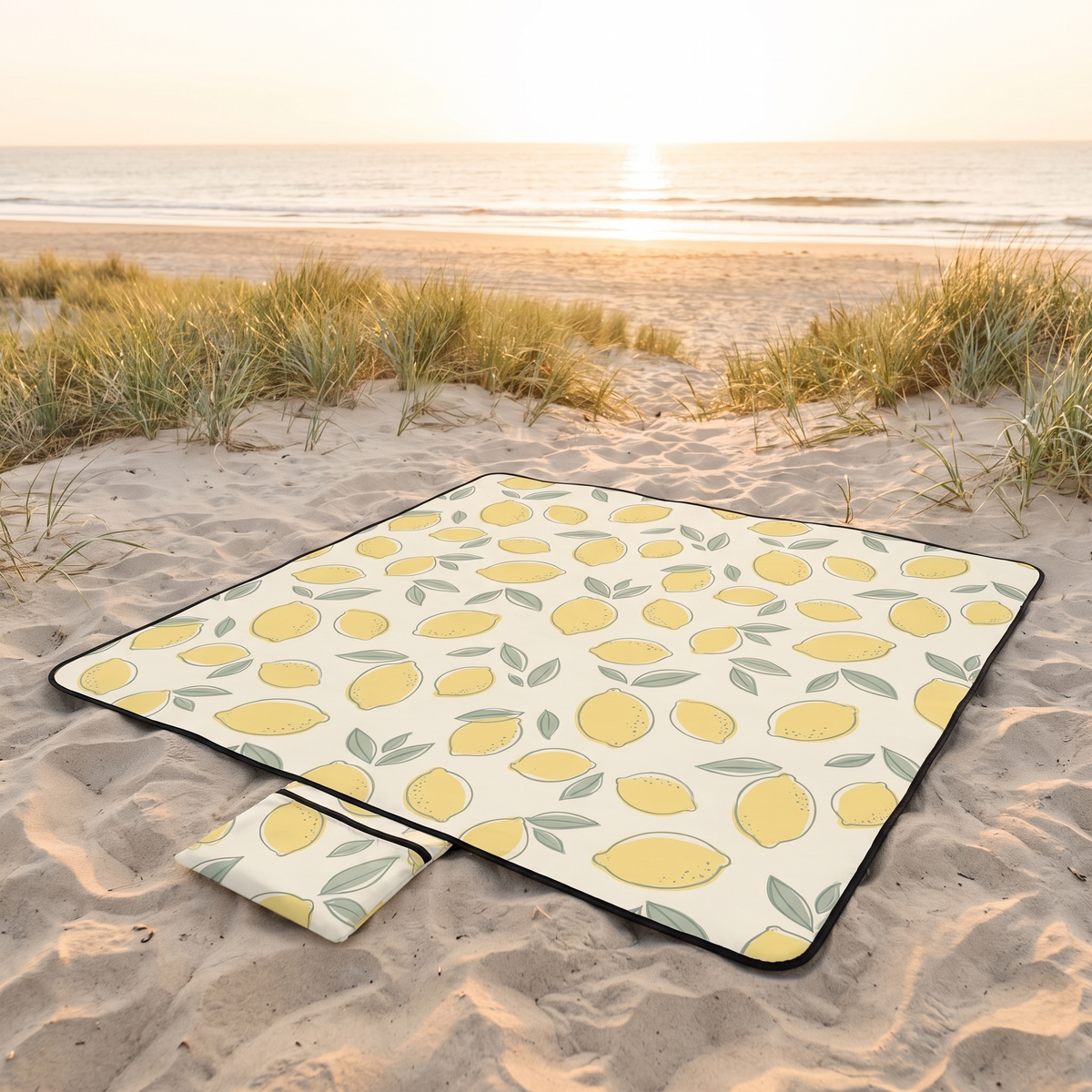 Little Teekie Recycled Waterproof Picnic Blanket | 2x2m with Carry Pouch – Lemon Print – lifestyle hero