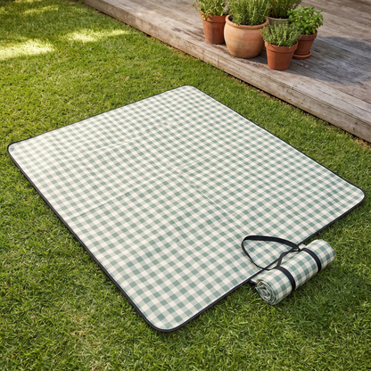 Little Teekie Recycled Waterproof Picnic Blanket | 2x2m with Carry Pouch – Gingham Sage – lifestyle hero