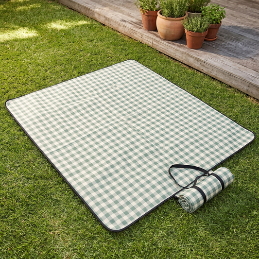 Little Teekie Recycled Waterproof Picnic Blanket | 2x2m with Carry Pouch – Gingham Sage – lifestyle hero