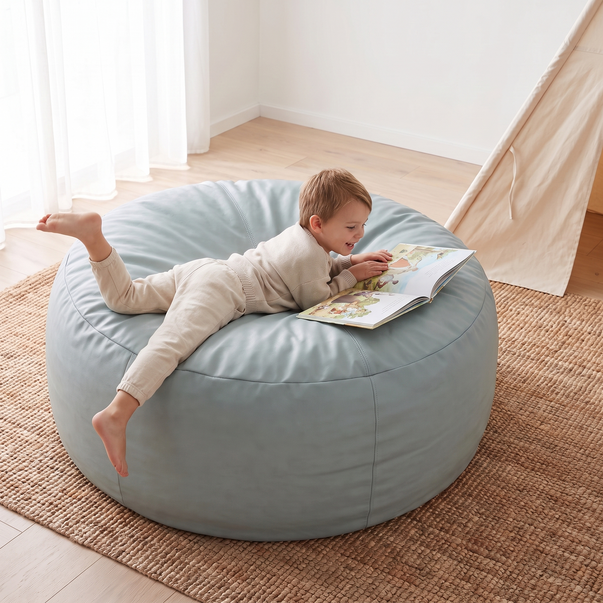 Little Teekie Kids Crash Pad Bean Bag Cover | Waterproof Vegan Leather 108cm – Tan – in use, shows scale