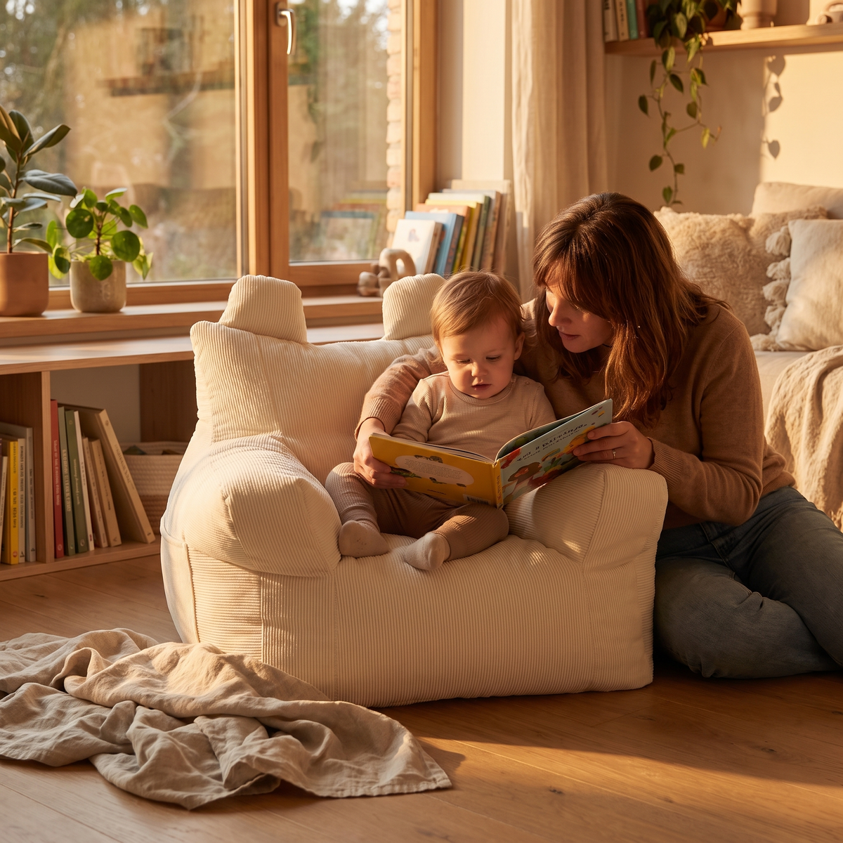 Little Teekie Corduroy Kids Bean Bag Chair Cover | 50x52x48cm with Cotton Insert – Cream – styled in a reading nook