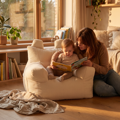 Little Teekie Corduroy Kids Bean Bag Chair Cover | 50x52x48cm with Cotton Insert – Cream – styled in a reading nook