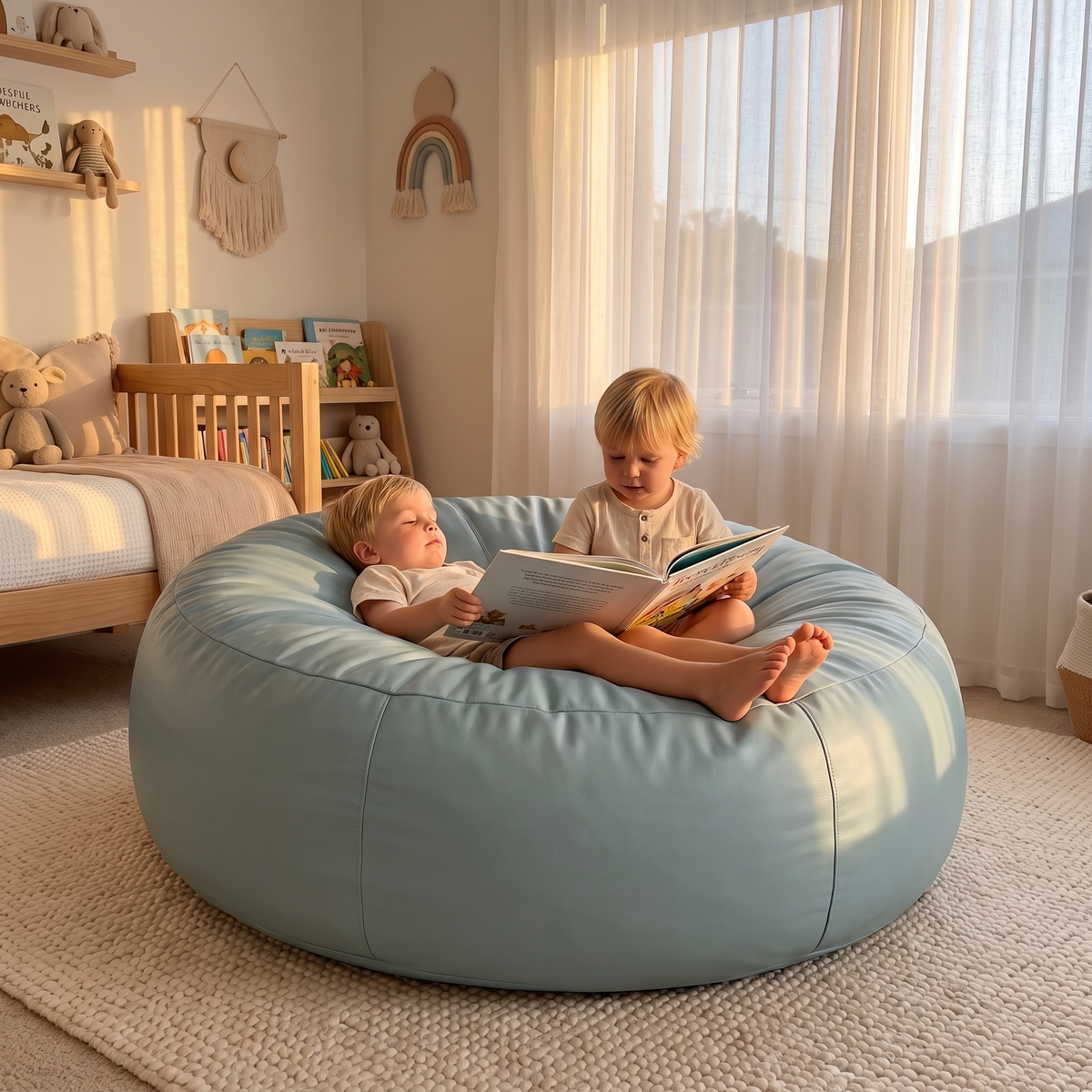 Little Teekie Kids Crash Pad Bean Bag Cover | Waterproof Vegan Leather 108cm – Tan – styled in a playroom