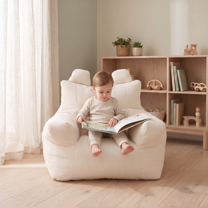 Little Teekie Corduroy Kids Bean Bag Chair Cover | 50x52x48cm with Cotton Insert – Cream – in use, shows scale