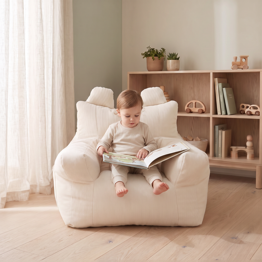 Little Teekie Corduroy Kids Bean Bag Chair Cover | 50x52x48cm with Cotton Insert – Cream – in use, shows scale