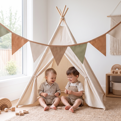 Little Teekie Fabric Bunting Garland | Play Tent Accessory 2.4m – Oat Gingham – in use, shows scale