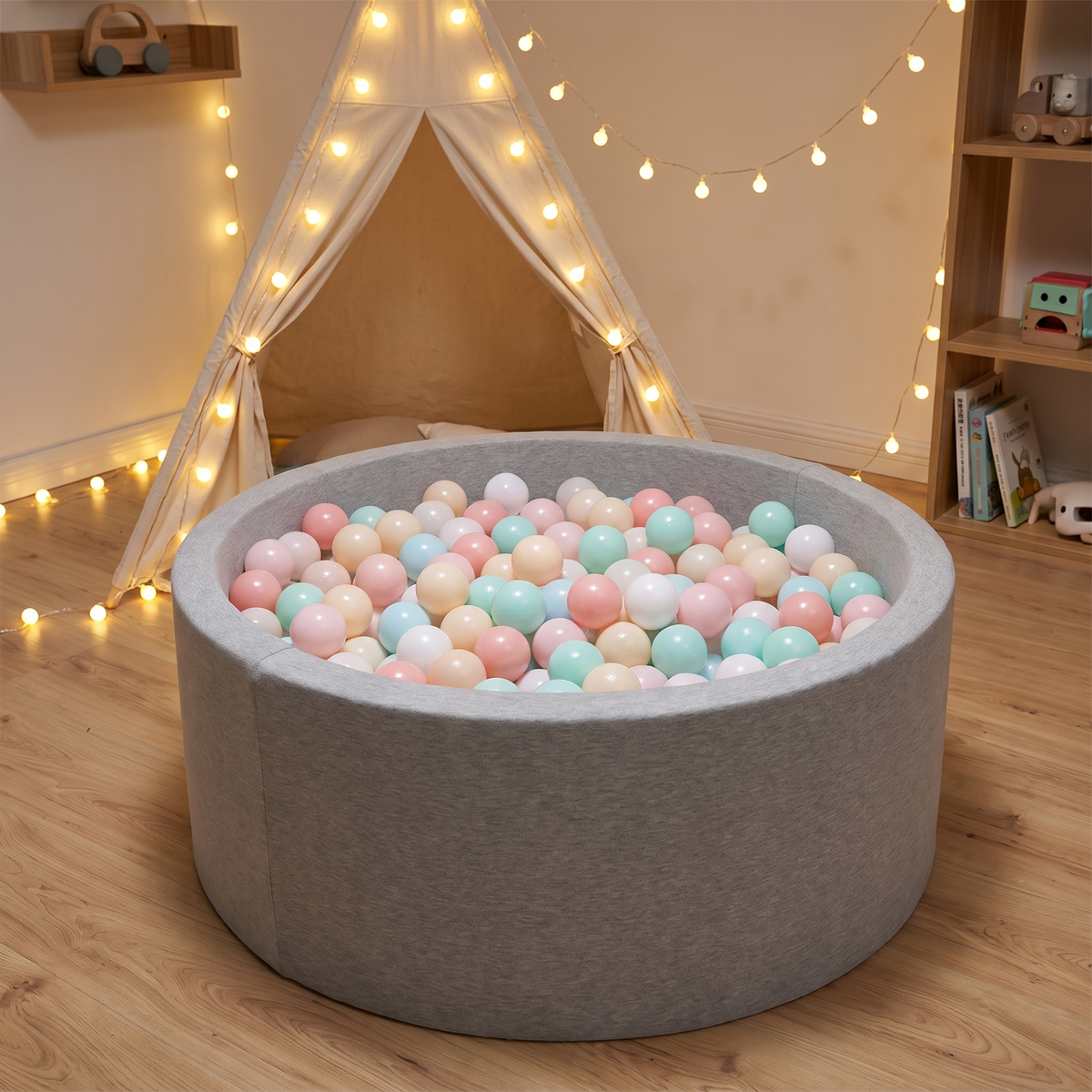 Little Teekie Soft Foam Ball Pit | Luxe Fabric 90cm, Balls Not Included – Oat – styled in a living room