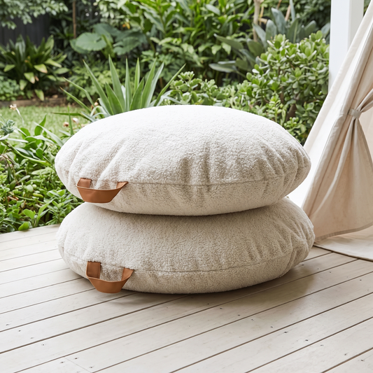 Little Teekie Tent Cushion Pair | Teddy Boucle Round Floor Cushions 70cm – Oat – lifestyle hero