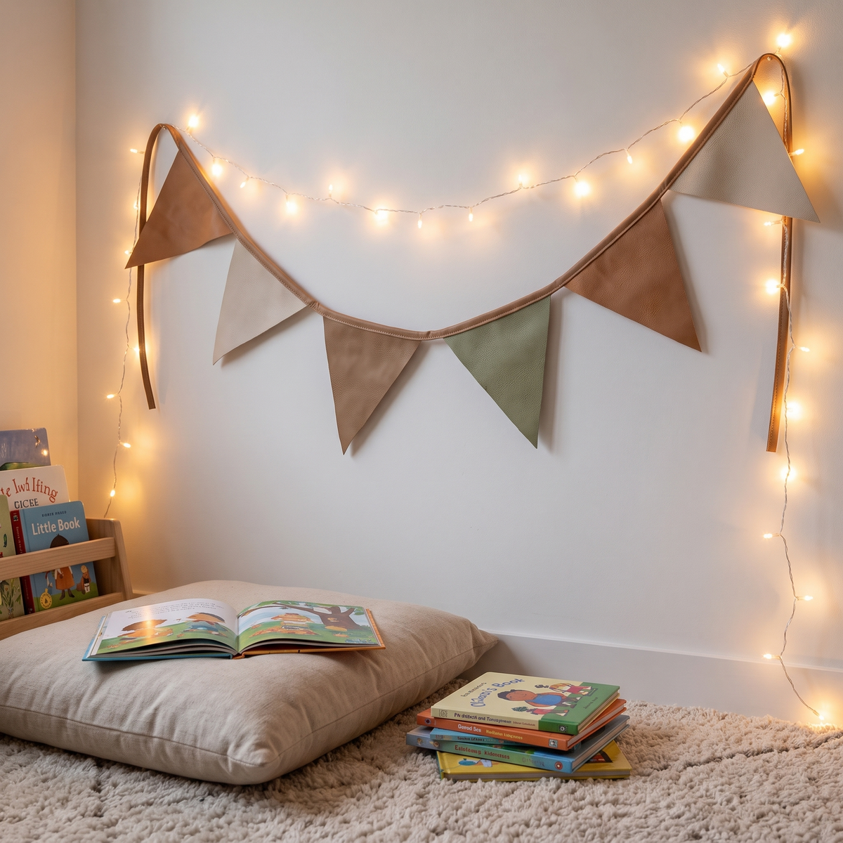 Little Teekie Fabric Bunting Garland | Play Tent Accessory 2.4m – Oat Gingham – styled in a nursery