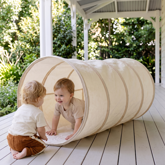 Little Teekie Play Tunnel | OEKO-TEX Cotton Canvas, Foldable – Oat – in use, shows scale