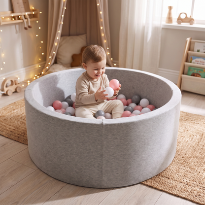 Little Teekie Soft Foam Ball Pit | Luxe Fabric 90cm, Balls Not Included – Oat – in use, shows scale