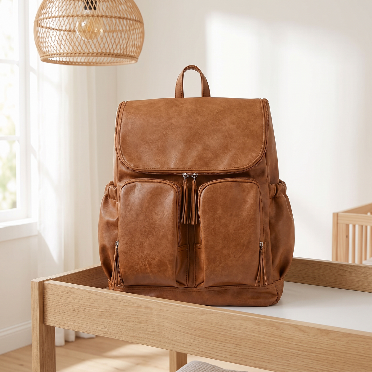 Little Teekie Convertible Nappy Backpack | Pebbled Vegan Leather, 5-Way Carry, Insulated Pockets – Tan – lifestyle hero