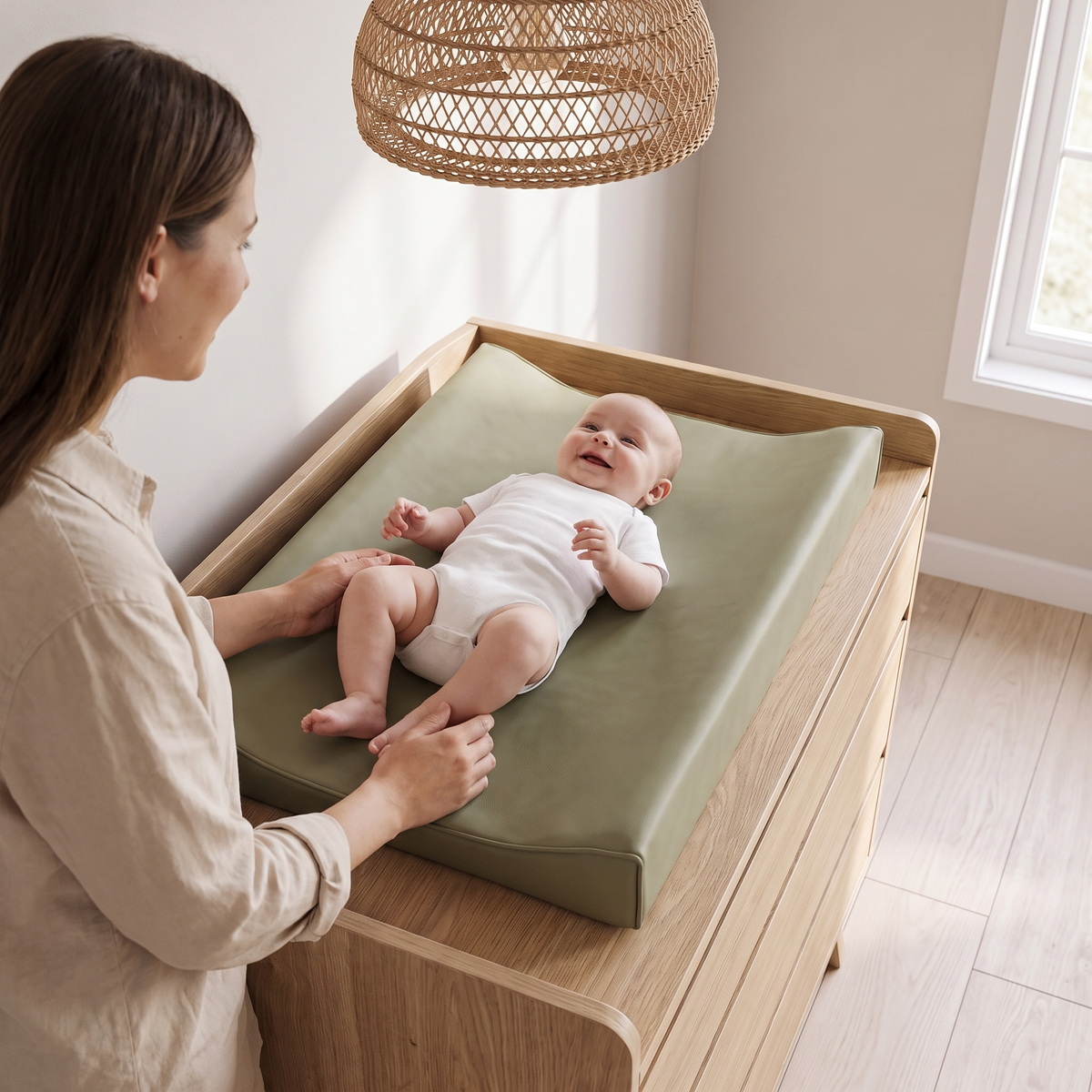 Little Teekie Baby Changing Pad | Waterproof Vegan Leather, Dual Foam 48x70cm – Sage – in use, shows scale