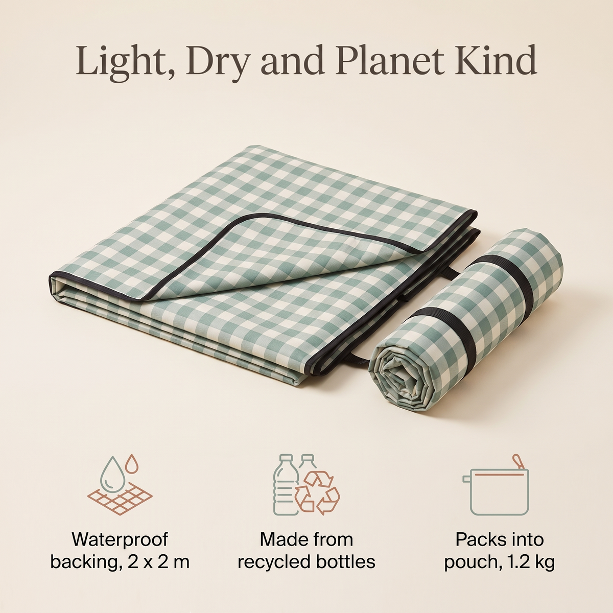 Little Teekie Recycled Waterproof Picnic Blanket | 2x2m with Carry Pouch – Gingham Sage – key features