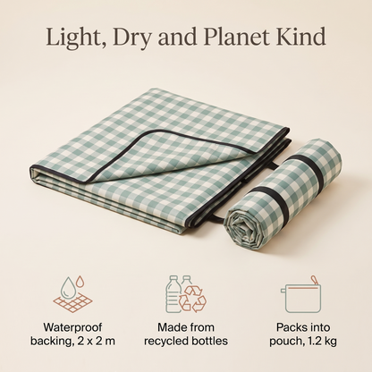Little Teekie Recycled Waterproof Picnic Blanket | 2x2m with Carry Pouch – Gingham Sage – key features