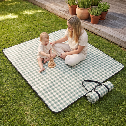 Little Teekie Recycled Waterproof Picnic Blanket | 2x2m with Carry Pouch – Gingham Sage – in use, shows scale
