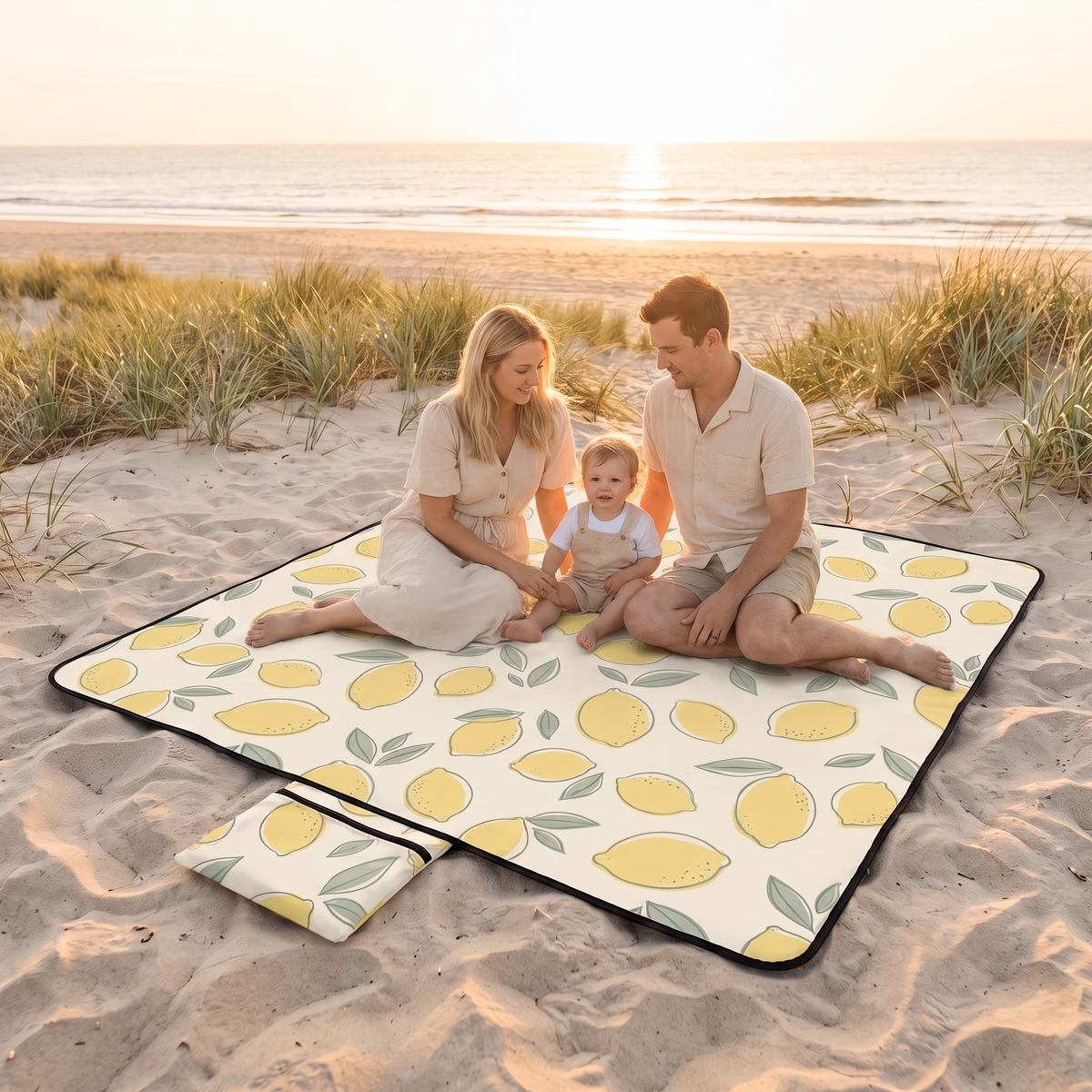 Little Teekie Recycled Waterproof Picnic Blanket | 2x2m with Carry Pouch – Lemon Print – in use, shows scale