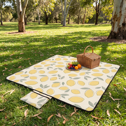 Little Teekie Recycled Waterproof Picnic Blanket | 2x2m with Carry Pouch – Lemon Print – styled in a garden