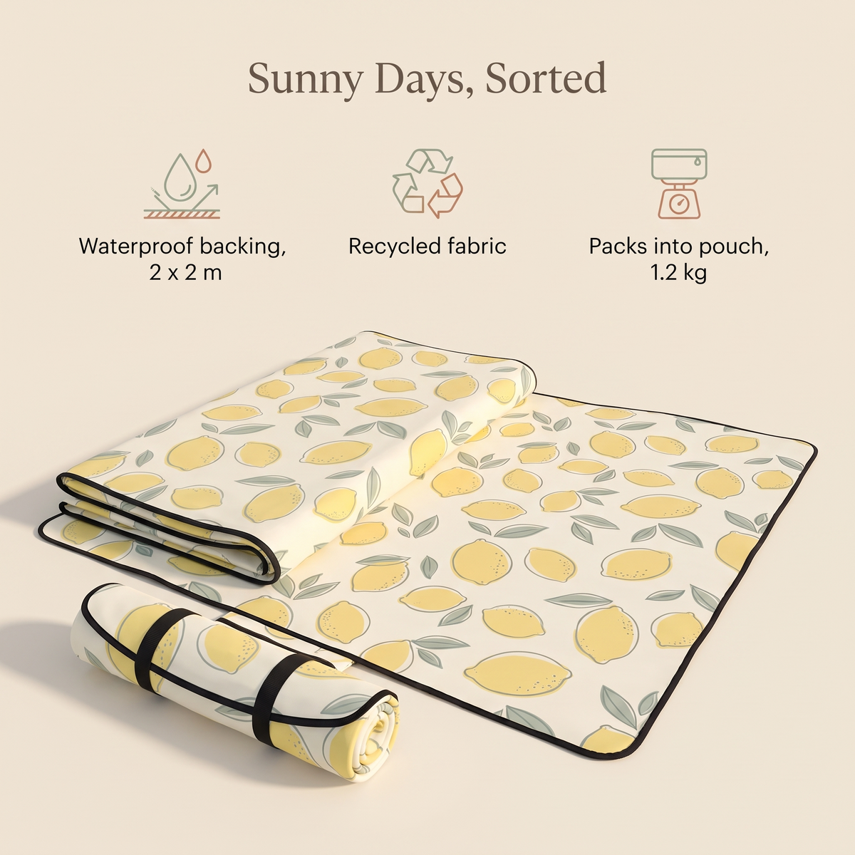 Little Teekie Recycled Waterproof Picnic Blanket | 2x2m with Carry Pouch – Lemon Print – key features