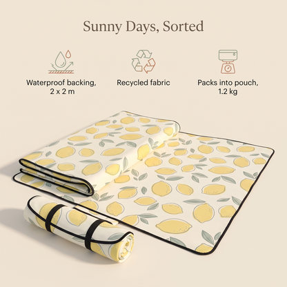 Little Teekie Recycled Waterproof Picnic Blanket | 2x2m with Carry Pouch – Lemon Print – key features