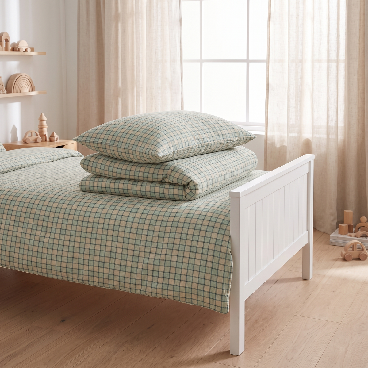 Little Teekie French Flax Linen Kids Quilt Cover | Single 140x210cm – Sage – styled in a kids' bedroom