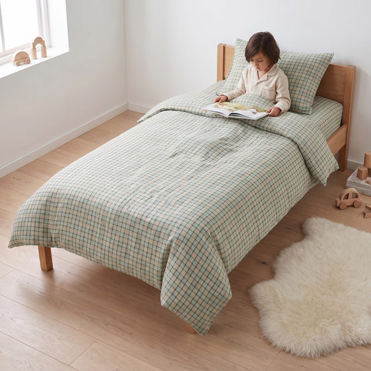 Little Teekie French Flax Linen Kids Quilt Cover | Single 140x210cm – Sage – in use, shows scale