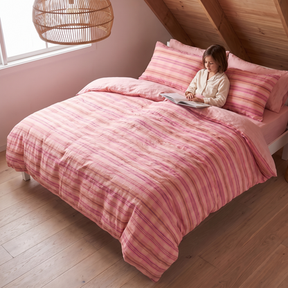 Little Teekie French Flax Linen Kids Quilt Cover | King Single/Double 180x210cm – Oat – in use, shows scale