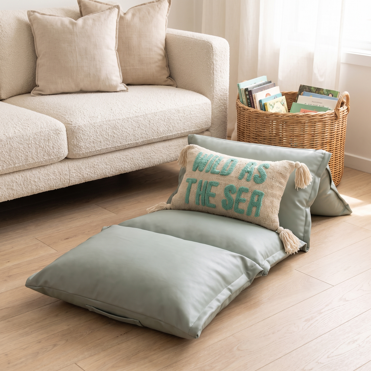 Little Teekie Pillow Mat Lounger Cover | Vegan Leather 196x66cm, Fits 4 Standard Pillows – Duck Egg – lifestyle hero