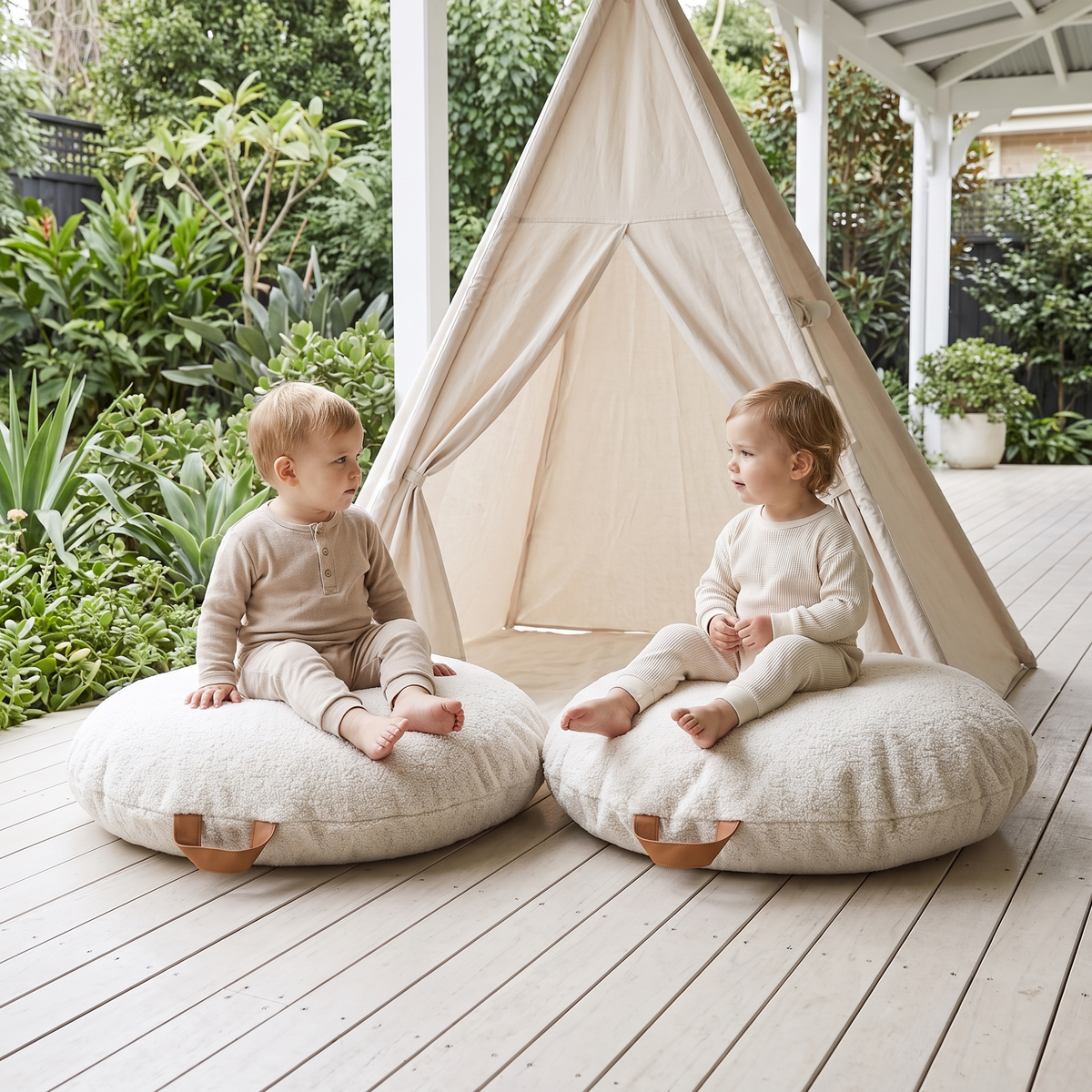 Little Teekie Tent Cushion Pair | Teddy Boucle Round Floor Cushions 70cm – Oat – in use, shows scale