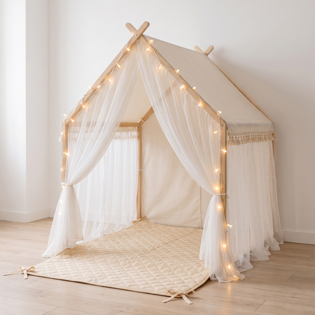 Little Teekie Play Tent & Mat Bundle | Fairytale Tent, Quilted Mat & USB Fairy Lights – Ivory – lifestyle hero