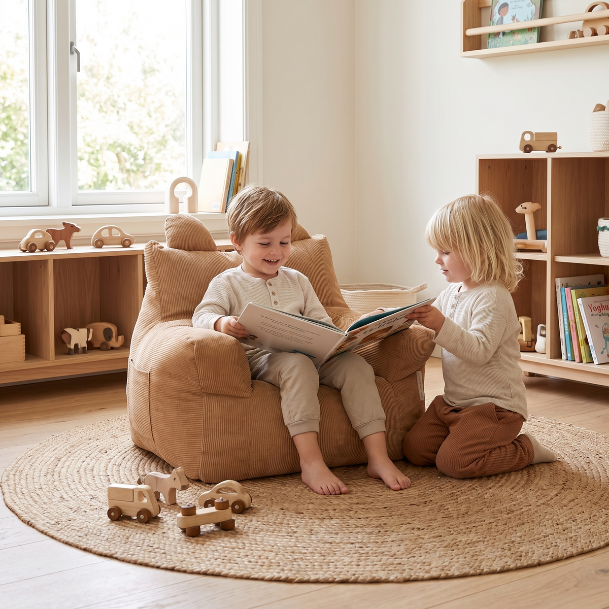 Little Teekie Corduroy Kids Bean Bag Chair Cover | 50x52x48cm with Cotton Insert – Brown – styled in a reading nook