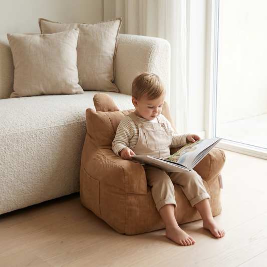 Little Teekie Corduroy Kids Bean Bag Chair Cover | 50x52x48cm with Cotton Insert – Brown – in use, shows scale