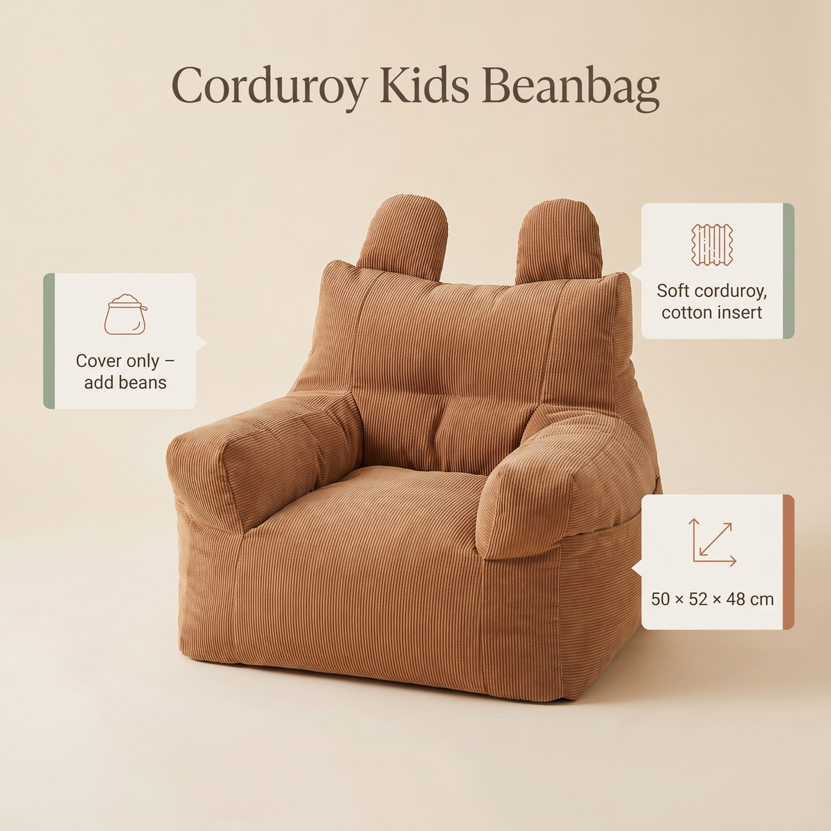 Little Teekie Corduroy Kids Bean Bag Chair Cover | 50x52x48cm with Cotton Insert – Brown – key features