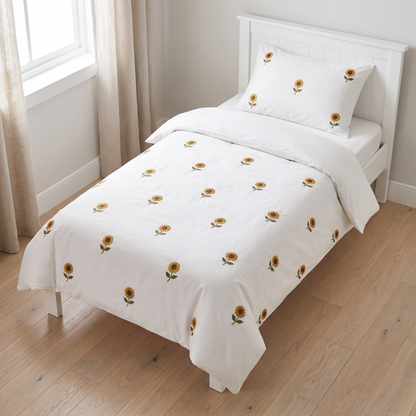 Little Teekie Embroidered Cotton Kids Quilt Cover | Single 140x210cm – Sunflower Embroidery – lifestyle hero