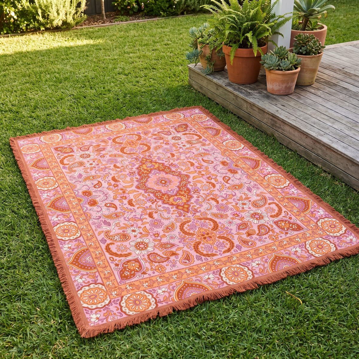 Little Teekie Woven Cotton Picnic Rug | Fringed XL 190x160cm – Sage Stripe – lifestyle hero