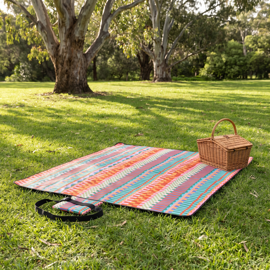 Little Teekie Waterproof Picnic Rug | Roll-Up 2x2m with Foam Lining – Terracotta Stripe – lifestyle hero