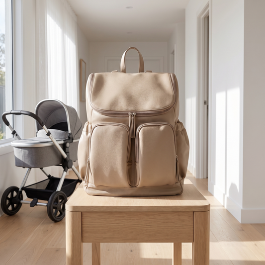 Little Teekie Convertible Nappy Backpack | Pebbled Vegan Leather, 5-Way Carry, Insulated Pockets – Oat – lifestyle hero
