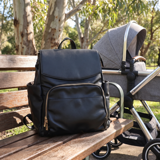 Little Teekie Convertible Nappy Backpack | Pebbled Vegan Leather, 5-Way Carry, Insulated Pockets – Black – lifestyle hero