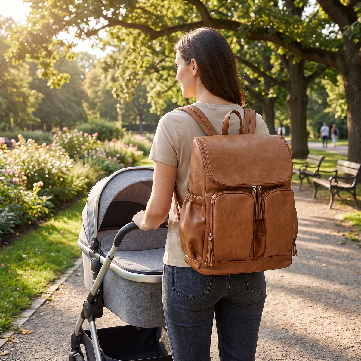 Little Teekie Convertible Nappy Backpack | Pebbled Vegan Leather, 5-Way Carry, Insulated Pockets – Tan – in use, shows scale