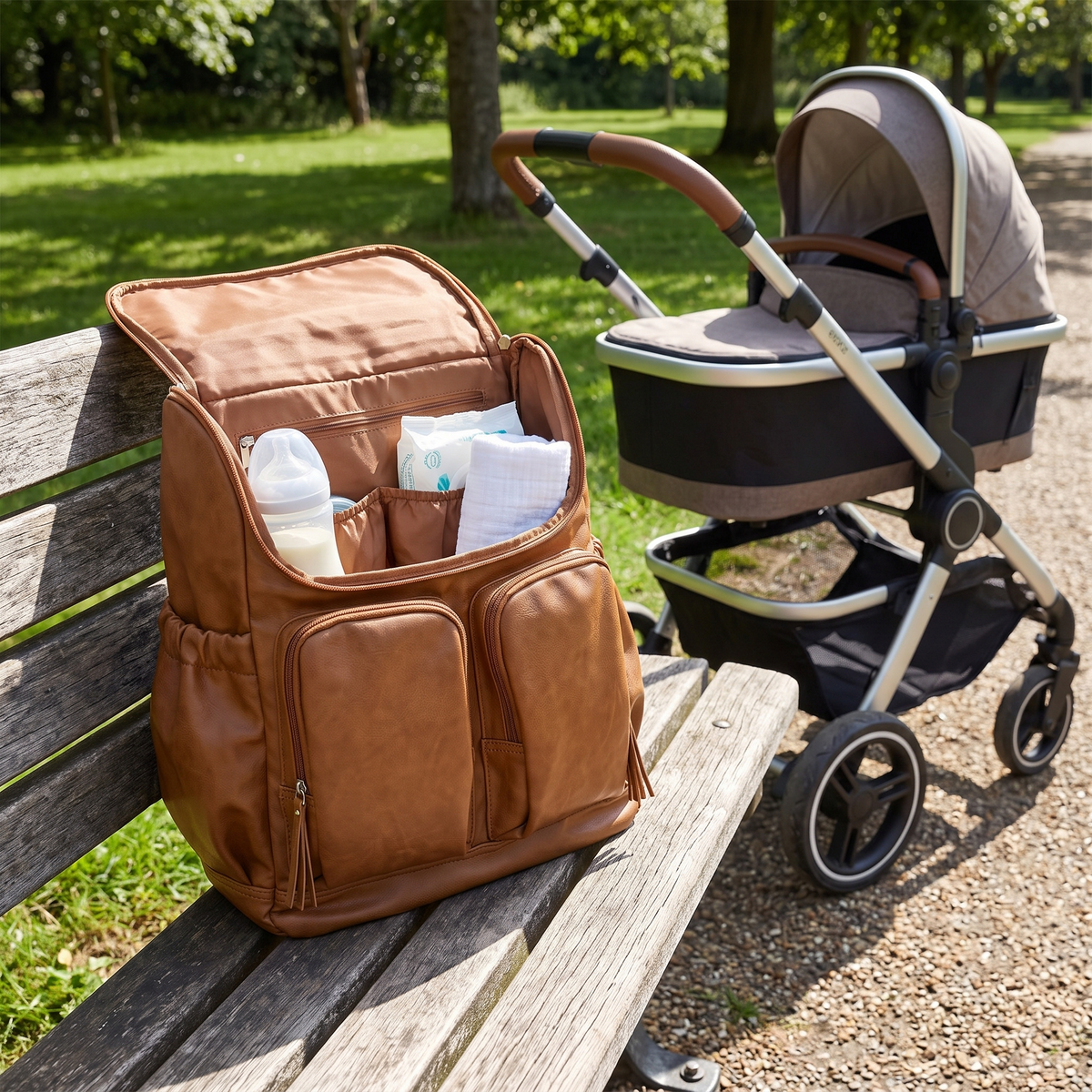 Little Teekie Convertible Nappy Backpack | Pebbled Vegan Leather, 5-Way Carry, Insulated Pockets – Tan – styled in a park setting