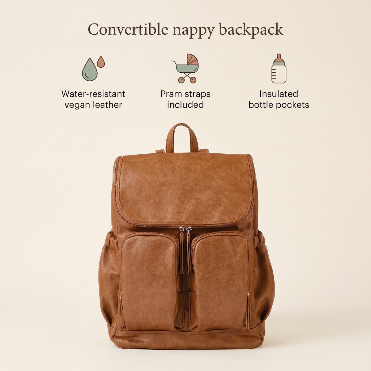 Little Teekie Convertible Nappy Backpack | Pebbled Vegan Leather, 5-Way Carry, Insulated Pockets – Tan – key features