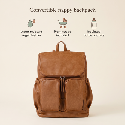 Little Teekie Convertible Nappy Backpack | Pebbled Vegan Leather, 5-Way Carry, Insulated Pockets – Tan – key features