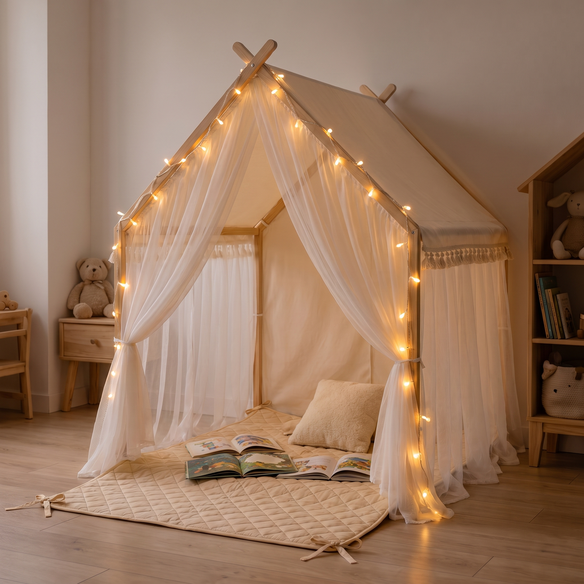 Little Teekie Play Tent & Mat Bundle | Fairytale Tent, Quilted Mat & USB Fairy Lights – Ivory – styled in a bedroom