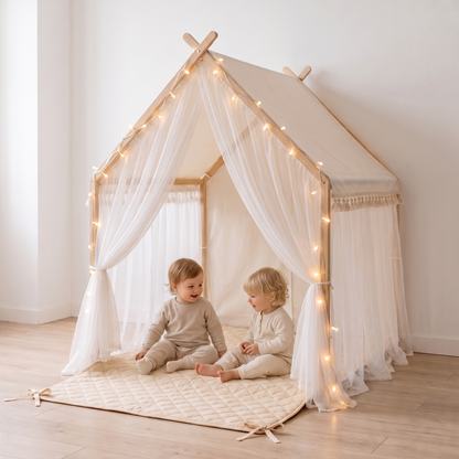 Little Teekie Play Tent & Mat Bundle | Fairytale Tent, Quilted Mat & USB Fairy Lights – Ivory – in use, shows scale