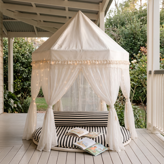 Little Teekie Reading Corner Bundle | Fairytale Tent, Support Pillow & USB Fairy Lights – Ivory – lifestyle hero