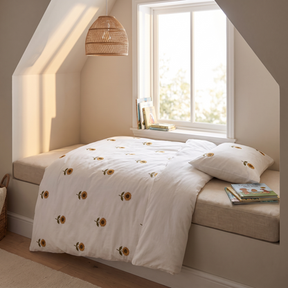 Little Teekie Embroidered Cotton Kids Quilt Cover | Single 140x210cm – Sunflower Embroidery – styled in a kids' bedroom