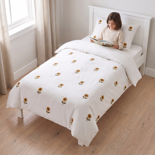 Little Teekie Embroidered Cotton Kids Quilt Cover | Single 140x210cm – Sunflower Embroidery – in use, shows scale