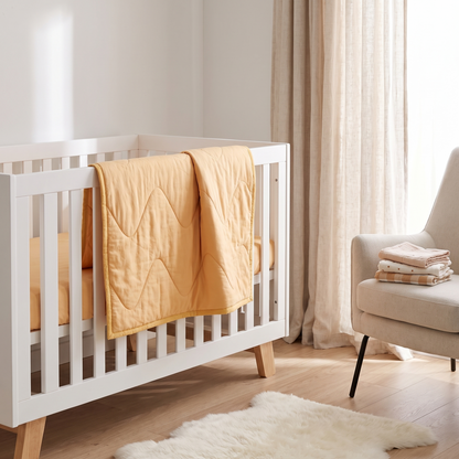 Little Teekie Quilted Bamboo Cotton Cot Bedspread | Plain Dyed, Cot Size – Butter Yellow – styled in a nursery